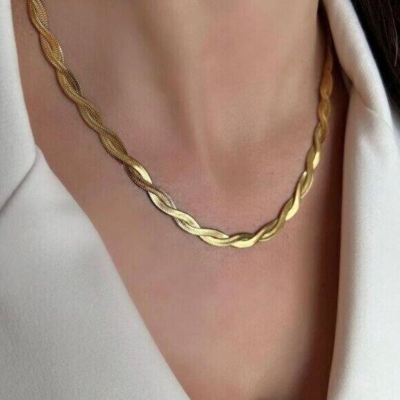 Gold Herringbone Twist Necklace Waterproof Necklace Gorgeous Layering Necklace - Picture 9 of 16
